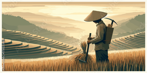 A lone farmer in a conical hat gathers the golden rice harvest in a vast, terraced paddy field landscape