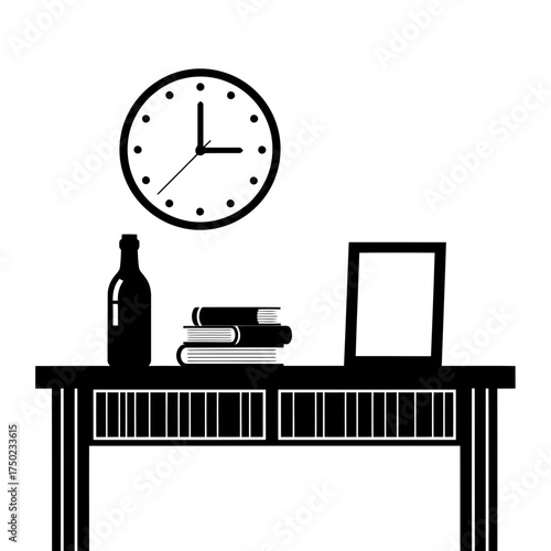 A minimalist black and white illustration of a table with a clock, a bottle, books, and a picture frame