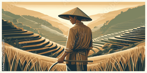 An illustration of a farmer in a conical hat overlooking vast, golden terraced rice fields in a serene mountain landscape