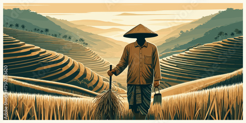 Rice Farmer Silhouette Amidst Terraced Fields A Serene Harvest Landscape