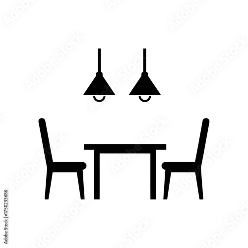 Simple black silhouette of a dining table with two chairs and two pendant lights above