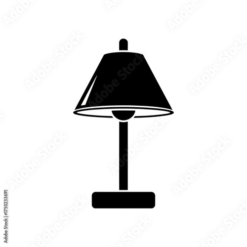 A simple black silhouette of a table lamp with a conical shade, isolated on a