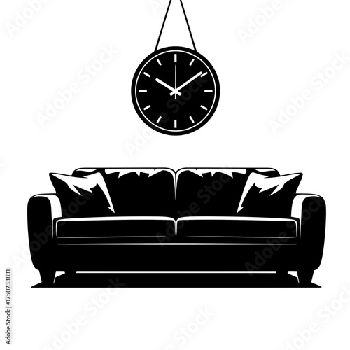 A black silhouette of a sofa with pillows and a clock hanging above it, isolated on a