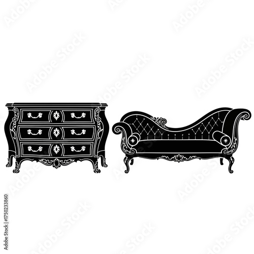 Elegant antique baroque style dresser and chaise lounge furniture set