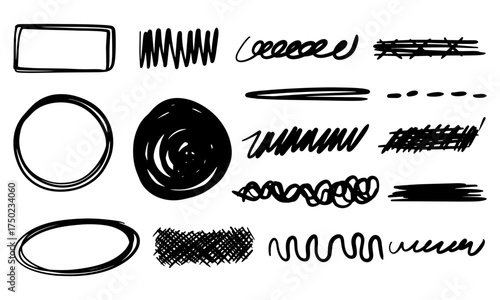 Handdrawn black doodles of shapes lines and scribbles create a unique textured design.