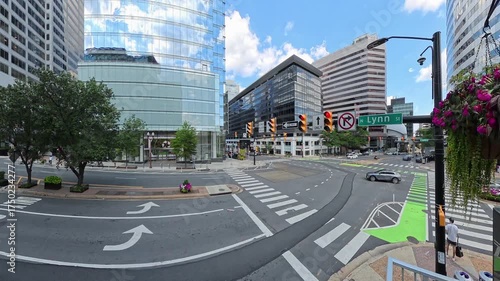 Glass skyscrapers and traffic on North Lynn Street. 4K Timelapse
