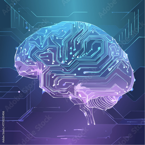 Digital brain with intricate circuit board pathways, symbolizing artificial intelligence, machine learning, and advanced data processing for technological innovation and future computing