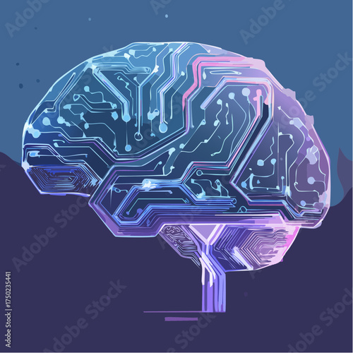 Conceptual illustration of an artificial intelligence brain with glowing digital circuit board pathways and neural network connections