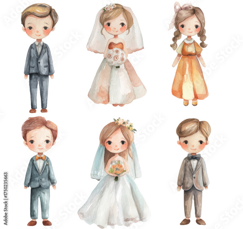 
Watercolor wedding clipart, bride and groom dolls isolated on a white background, in pastel colors,