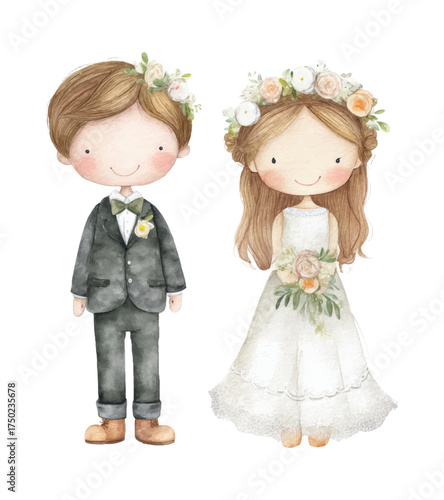 
Watercolor wedding clipart, bride and groom dolls isolated on a white background, in pastel colors