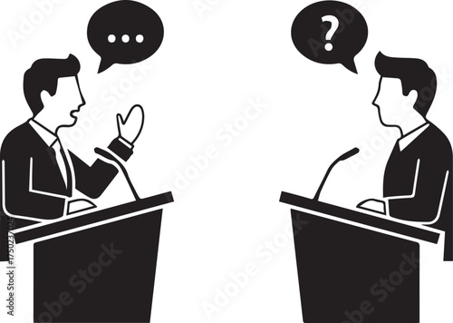 Minimalist black debate icon – hand-drawn silhouette of two speakers at podiums with speech bubbles for public speaking, argumentation, and communication-themed design.