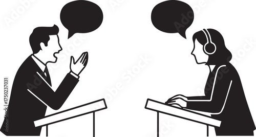 Minimalist black debate and communication icon – hand-drawn silhouette of two people at podiums with speech bubbles for public speaking, media interviews, and dialogue-themed design.