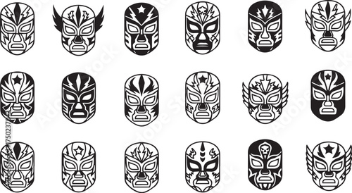 Minimalist black Lucha Libre mask icon set – hand-drawn silhouettes of Mexican wrestling masks with flames, stars, wings, and geometric patterns for cultural design, sports branding, and character vis