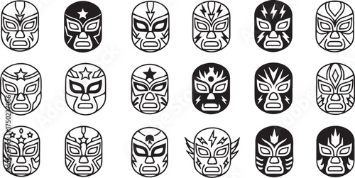 Minimalist black luchador mask icon set – hand-drawn silhouettes of Mexican wrestling masks with stars, flames, and lightning bolts for cultural design, sports visuals, and character branding.
