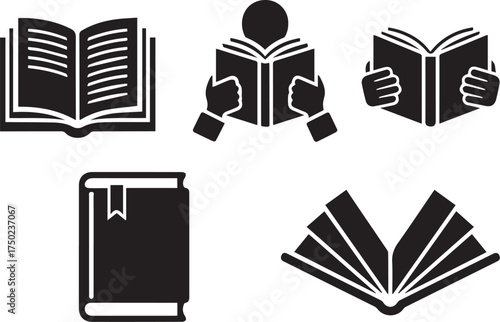 Minimalist black reading icon set – hand-drawn silhouettes of open books, closed volumes, and active readers for educational design, literary visuals, and library-themed graphics.