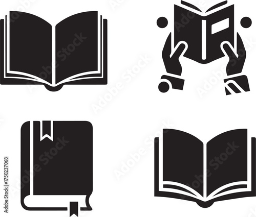 Minimalist black book and reading icon set – hand-drawn silhouettes of open books, closed volumes, and active readers for educational design, literary visuals, and library-themed graphics.