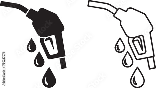 Minimalist black fuel nozzle icon set – hand-drawn silhouettes of gas pump nozzles with liquid droplets for energy visuals, automotive design, and fuel-related graphics.