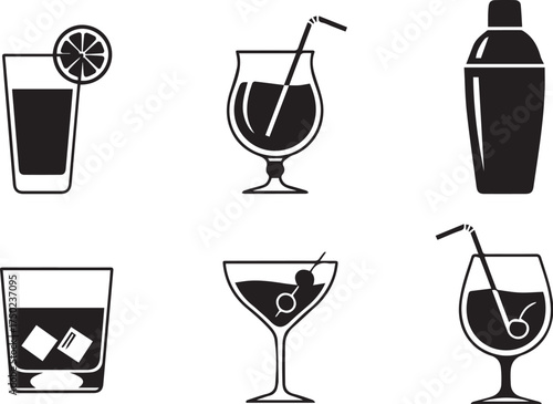 Minimalist black drinkware icon set – hand-drawn silhouettes of cocktail glasses, martini glasses, and a shaker for bar menus, mixology visuals, and beverage-themed design.
