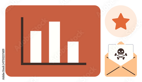 Bar chart, opened envelope with skull icon, warning star icon. Ideal for cybersecurity, data risk, hacking alert, scam detection, email safety, digital crime simple flat metaphor