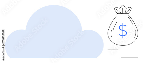 Large cloud shape linked to a bag of money with dollar sign, symbolizing cloud storage cost, savings, or financial services. Ideal for technology, finance, innovation, budget, savings economy