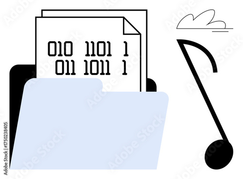 Open folder containing binary data documents alongside a stylized music note. Ideal for technology, data storage, digital organization, music production, coding, file sharing, or digital creativity
