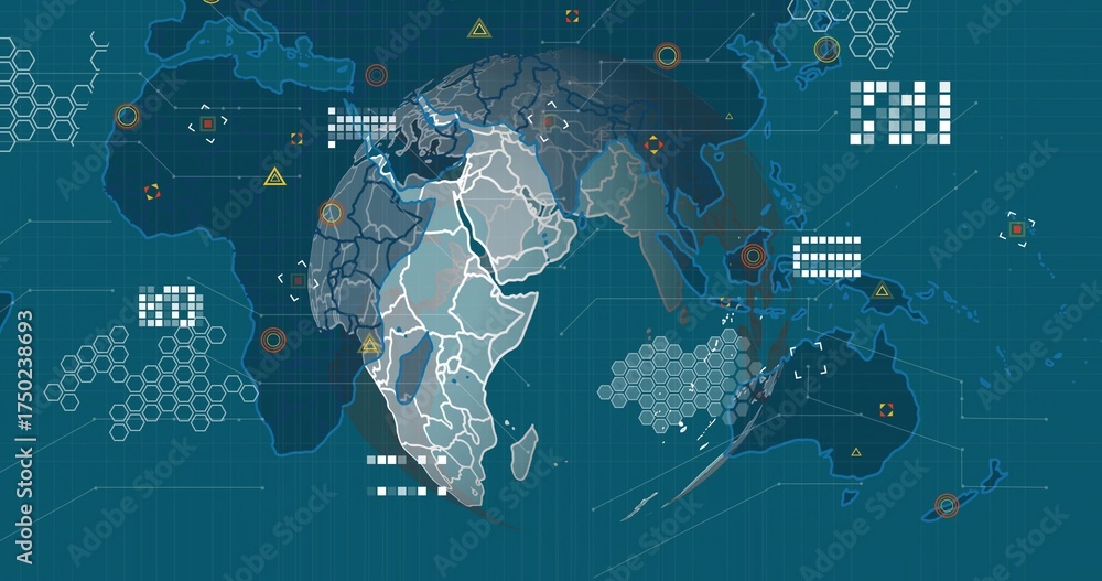 Fototapeta premium Displaying stylized world map on digital dashboard, with hexagon clusters and target markers