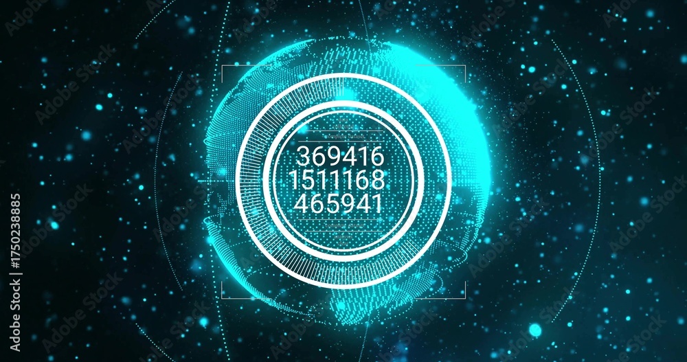 Fototapeta premium Displaying holographic globe showing numerical readout in 3D space, with HUD elements and particles