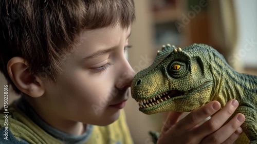 Boy Showing Toy Dinosaur to Friend