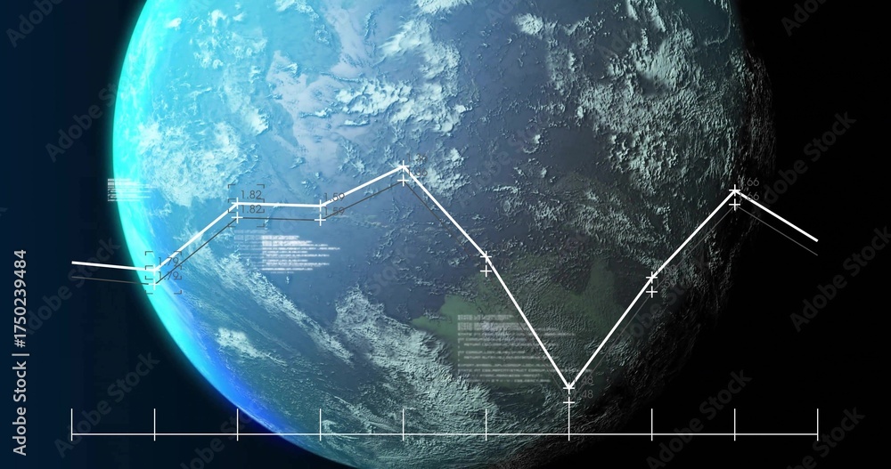 Fototapeta premium Displaying planet Earth rotating in outer space, with graph axis, nodes and tick marks, copy space