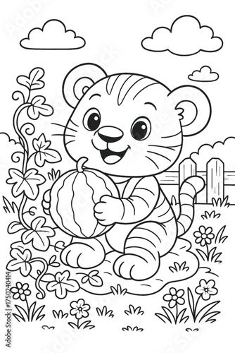 Adorable tiger cub illustration holding pumpkin in garden scene vector art