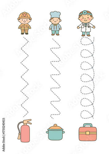 Educational tracing worksheet for kids with professions — firefighter, chef and doctor