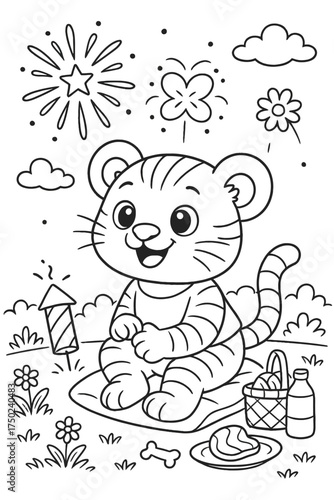 Cute tiger cub celebrates with fireworks and a picnic in a cartoon illustration