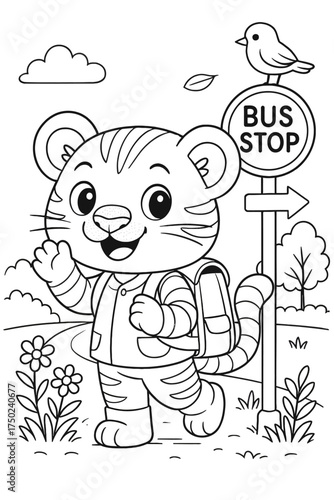 Cute tiger cub with backpack goes to school bus stop illustration art