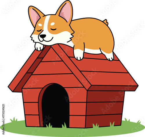 Peaceful Corgi Napping on a Red Dog House
