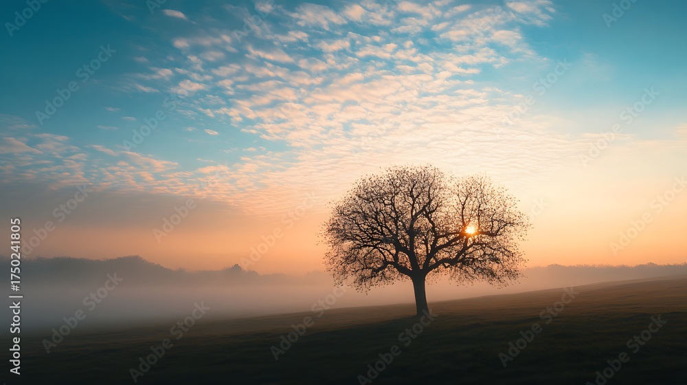 Fototapeta premium A lone tree stands silhouetted against a vibrant sunrise, its branches reaching towards the sky, while a blanket of fog shrouds the distant mountains.