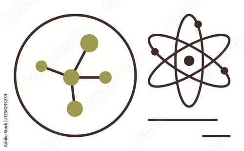 Atomic orbitals and interconnected molecular nodes forming scientific diagrams. Ideal for education, research, physics, chemistry, science, innovation, technology and STEM themes. Simple flat