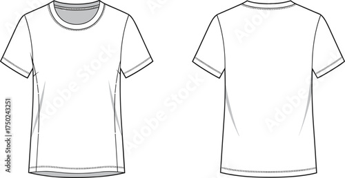 Basic short sleeve crew neck t‑shirt flat sketch front and back view fashion vector template minimalist apparel design illustration outline