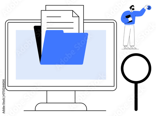 Computer screen displaying a digital file folder and documents. Magnifying glass implies search or analysis. Person engaging in data access. Ideal for technology, data, search, research