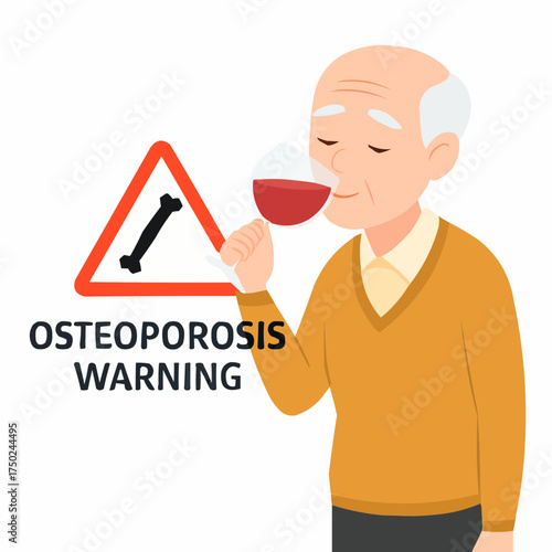 Elderly Person Drinking Alcohol with Osteoporosis Risk Warning Vector