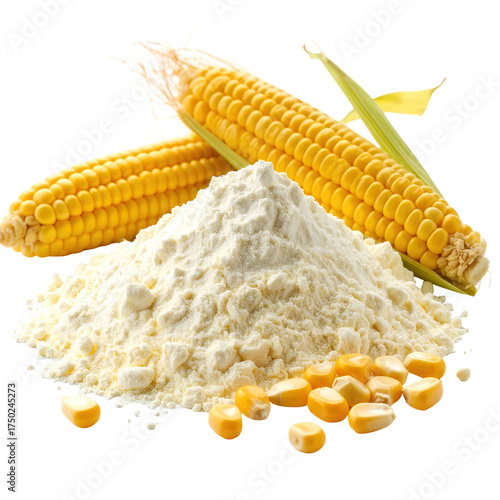 A vibrant image showcases golden corncobs, kernels, and a fluffy pile of finely ground powder. Natural light highlights the textures of the ingredients