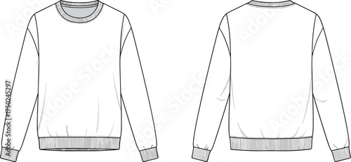 Technical flat vector illustration of long sleeve crewneck sweatshirt front and back view with ribbed cuffs hem neckline fashion design