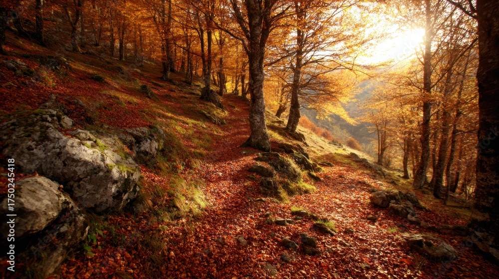 Obraz premium Serene Autumn Forest Path with Golden Leaves and Warm Sunlight