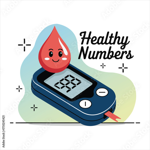 Cute Blood Glucose Meter and Smiling Drop of Blood Vector Illustration – Diabetes Awareness Concept in Flat Style