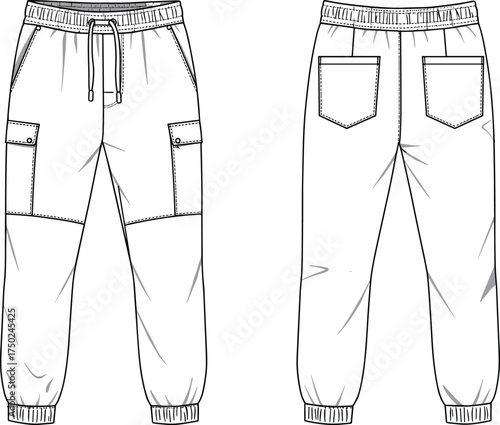 Technical vector illustration of jogger cargo pants front and back view with elastic waistband, drawstring, pockets, stitching, and cuffs design