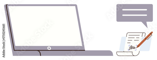 Open laptop, chat bubble, and signed document represent modern communication, electronic agreements, and productivity. Ideal for remote work, collaboration, digital contracts, multitasking