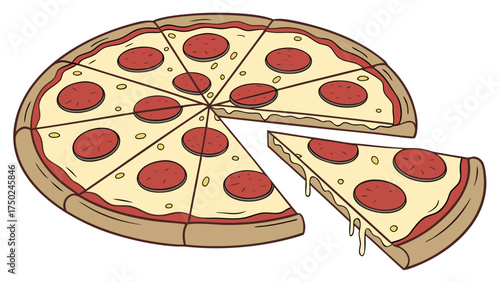 Delicious pepperoni pizza illustration with slice missing for restaurant menu and food blog designs