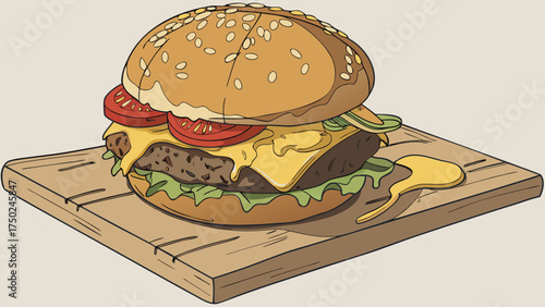 Delicious cheeseburger with sesame bun tomatoes lettuce and cheese on a wooden board illustration