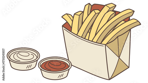 Crispy golden french fries with ketchup and mayonnaise dipping sauce fast food restaurant meal delicious 100