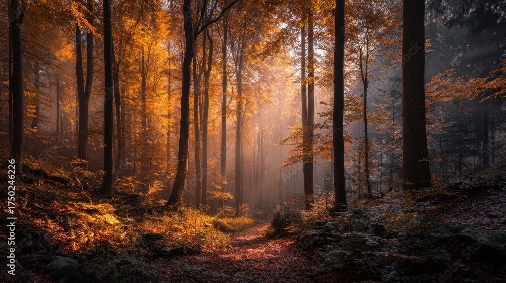 Obraz premium Tranquil Autumn Forest with Warm Sunlight and Colorful Foliage
