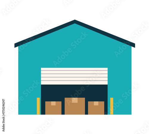 Modern flat vector illustration of a warehouse building icon representing logistics, storage, and transportation industry concepts. Ideal for business, factory, distribution, and industrial design.